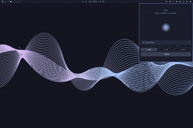 Kalm’s fullscreen Box Breathing session with a blue animated bloom centered above the Hold prompt and session controls.